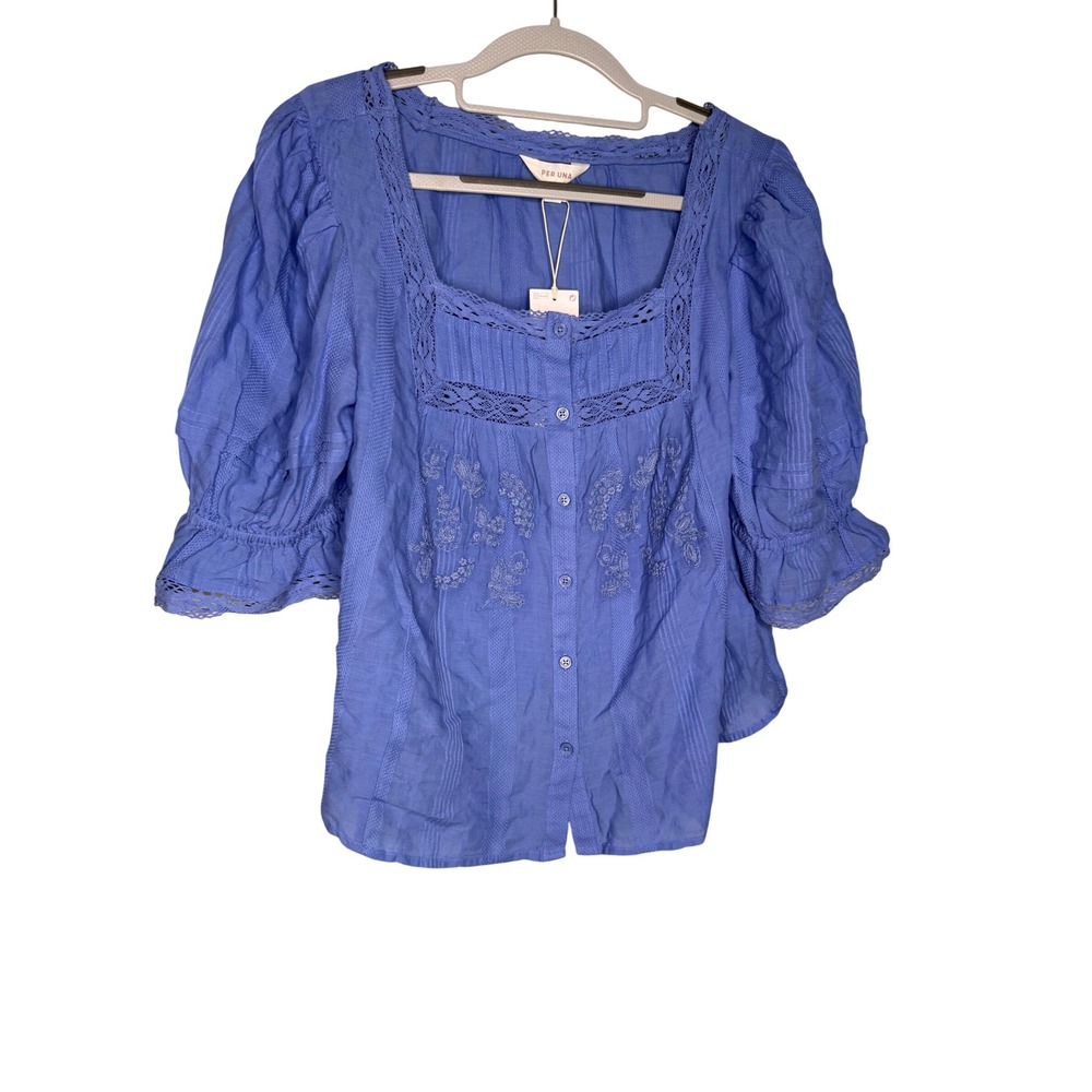 NWT Per Una blue floral lace square neck blouse boho gypsy Romantic preppy